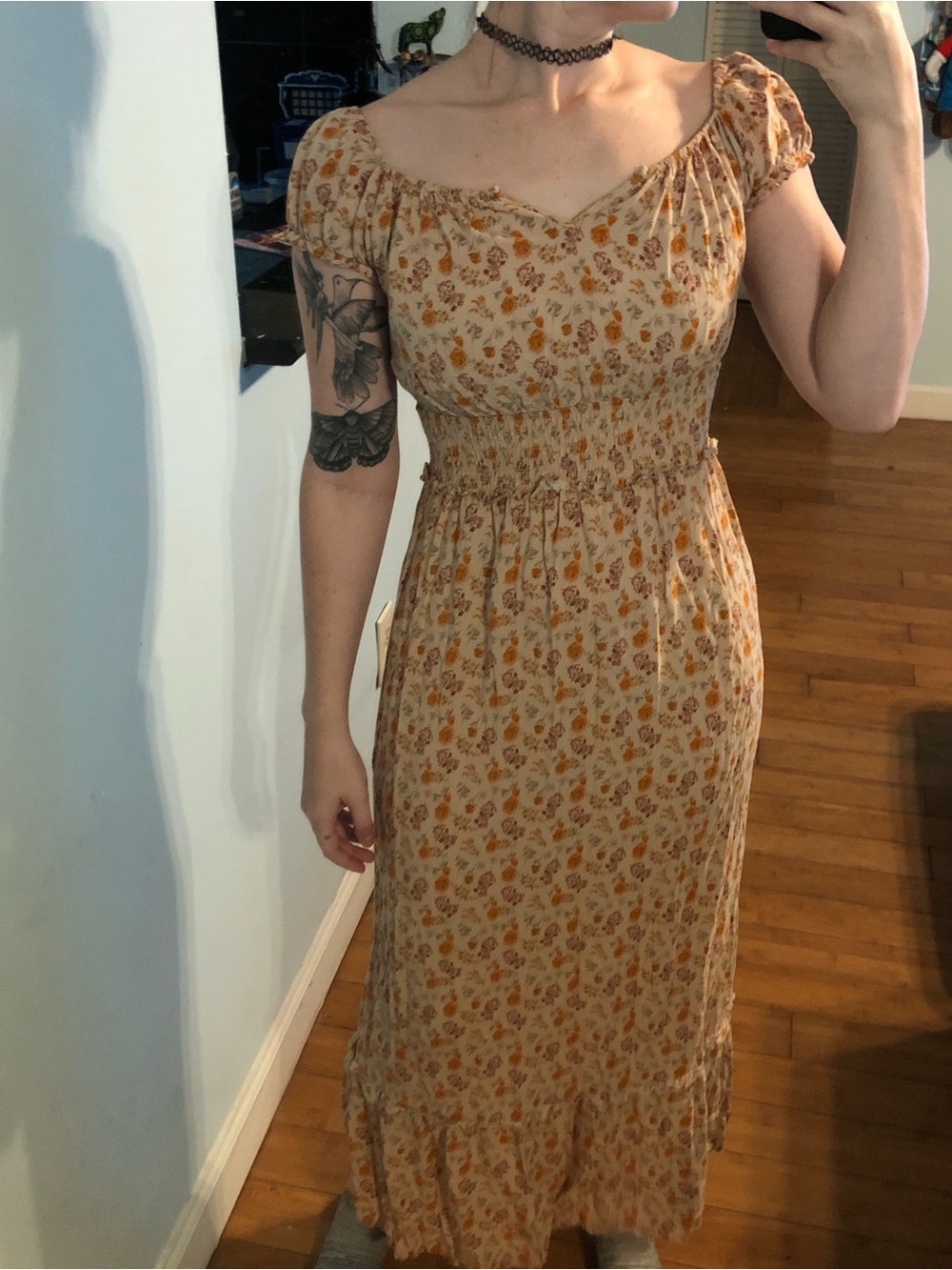 Smocked Waist Floral Maxi Dress in Beige with Orange Print